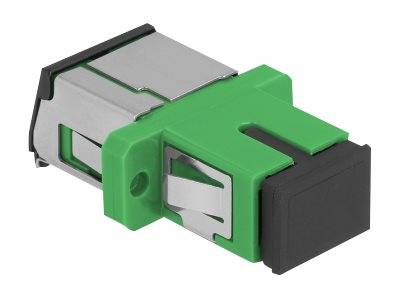Grüner und silberner Lichtwellenleiter-Steckverbinder-Adapter mit schwarzer Endkappe, dargestellt auf einfachem weißem Hintergrund.