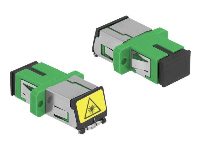 Zwei grün-graue Glasfaserstecker-Adapter, einer mit einem gelben Laserwarnzeichen gekennzeichnet.