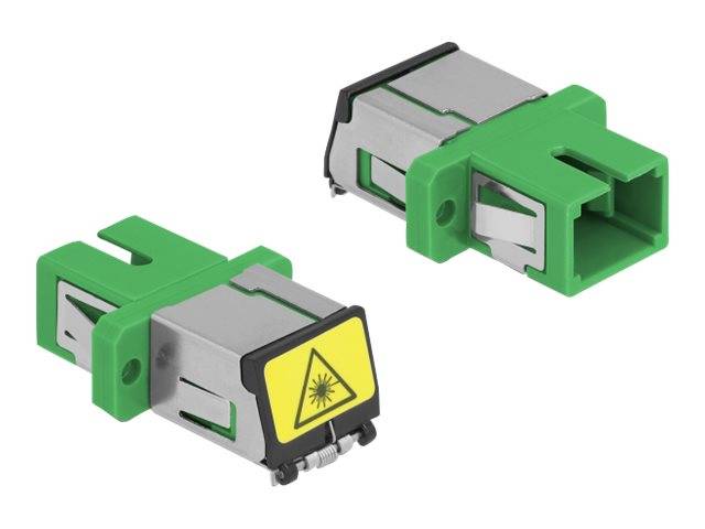 Zwei grüne Lichtwellenleiter-Adaptermodule mit Metallgehäusen, eines zeigt ein gelbes Laserwarnsymbol auf der Vorderseite.