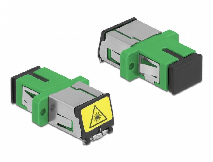 Zwei grün-silberne Glasfaserverbinder, einer mit gelbem Laserwarnetikett, auf weißem Hintergrund dargestellt.