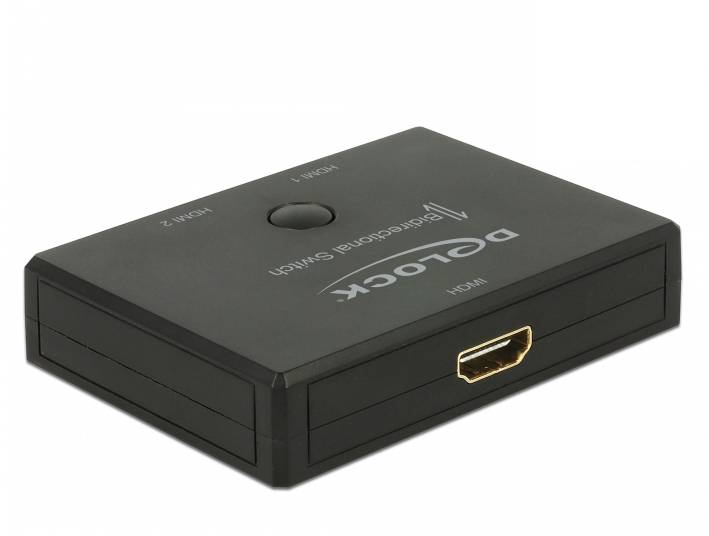 Schwarzer Dlogix HDMI-Wireless-Display-Umschalter mit Anschlussbox und oberer Taste auf weißem Hintergrund.