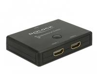 Schwarze DClUX HDMI-Schaltbox mit zwei vorderen HDMI-Anschlüssen und einem zentralen Druckknopf oben.