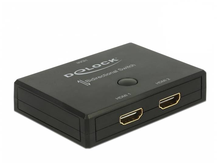 Schwarzer DOLock bidirektionaler HDMI-Schalter mit zwei HDMI-Anschlüssen und einer zentralen Taste oben, gezeigt auf weißem Hintergrund.