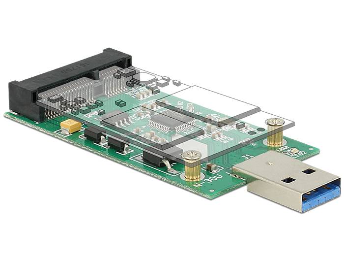 Gedruckte Schaltungsadapterplatine mit einem USB-A-Stecker auf einer Seite und einem großen schwarzen Anschluss auf der anderen Seite, mit sichtbaren Chips und Komponenten.