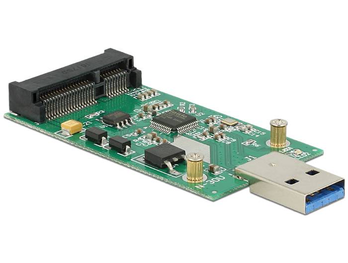 USB-Adapter-Platine mit einem SATA-Anschluss auf der einen Seite und einem USB-A-Stecker auf der anderen Seite.