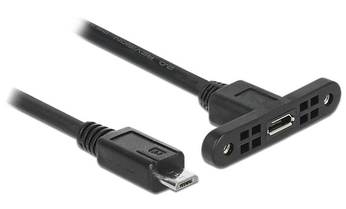 Schwarzes Micro-USB-Kabel mit einer Panelmontage-Buchse und Schraumlöchern, gezeigt auf weißem Hintergrund.