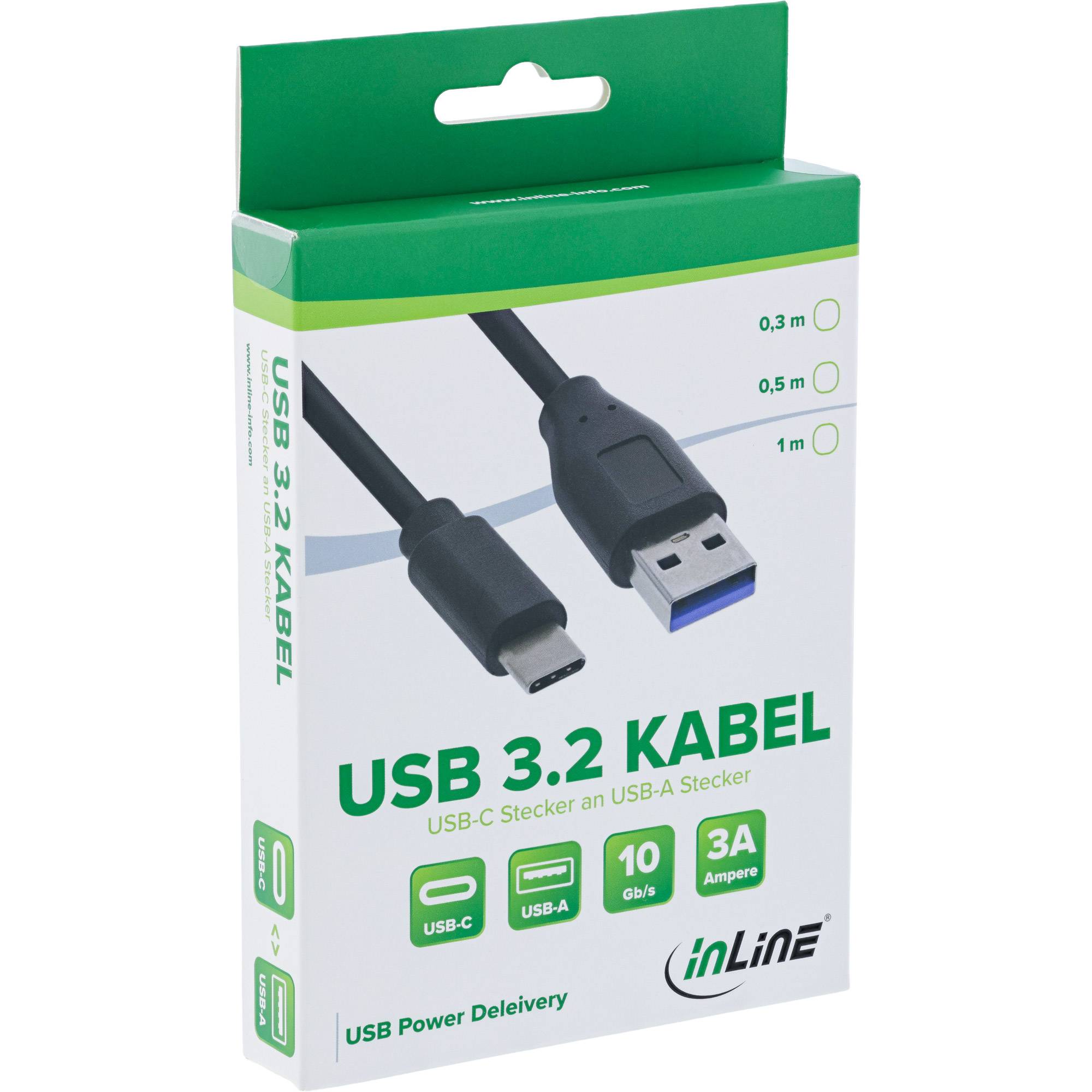 Paket eines InLine USB 3.2 Kabels mit USB-C und USB-A Anschlüssen, gekennzeichnet mit 0,3 m, 0,5 m oder 1 m, 10 Gb/s und 3A