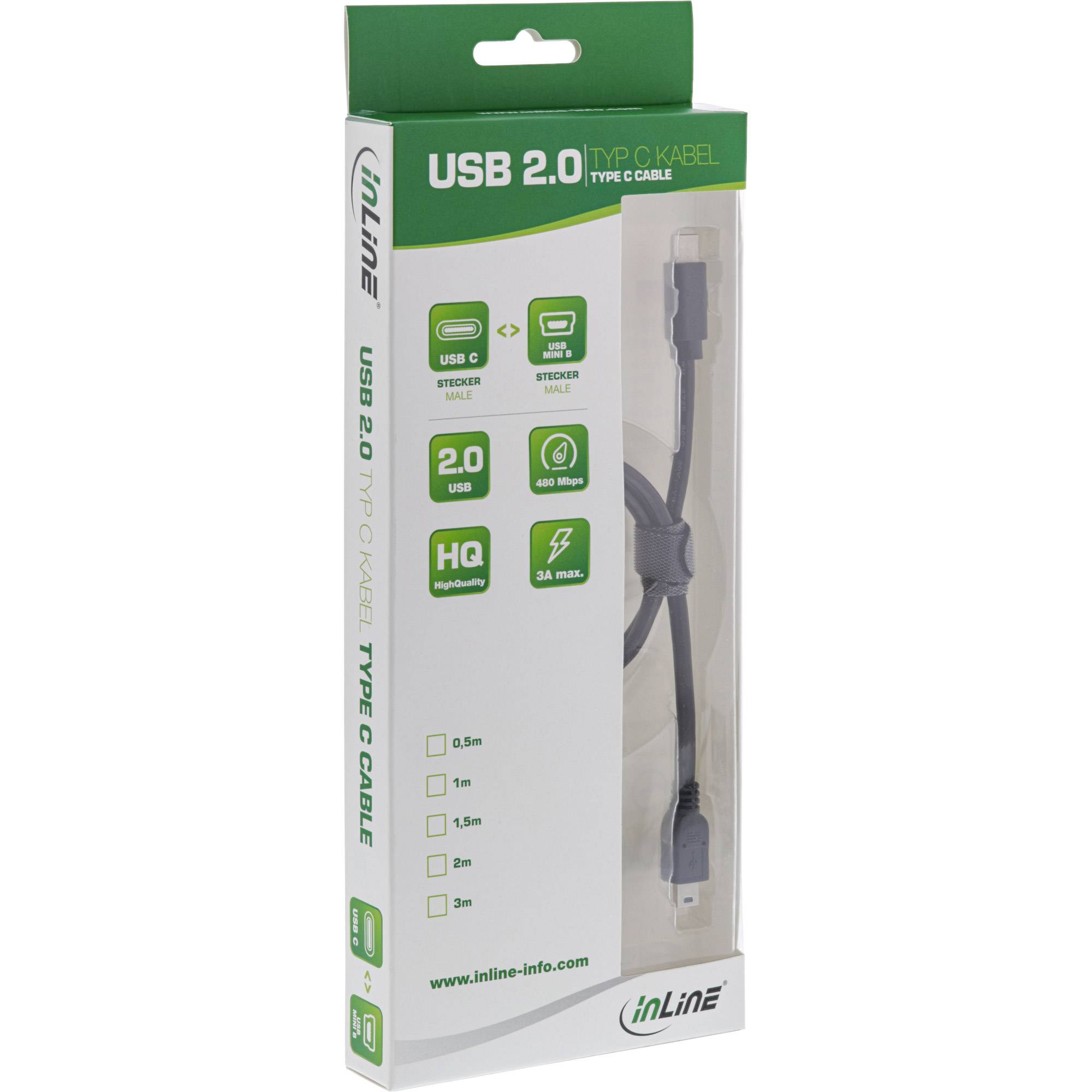 INLINE - USB 2.0 Kabel - USB-C Stecker an Mini-B Stecker - schwarz - 0,5m