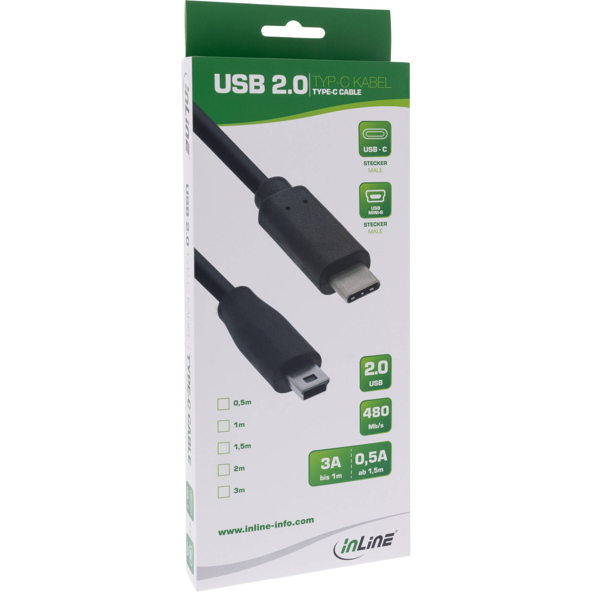 INLINE - USB 2.0 Kabel - USB-C Stecker an Mini-B Stecker - schwarz - 2m