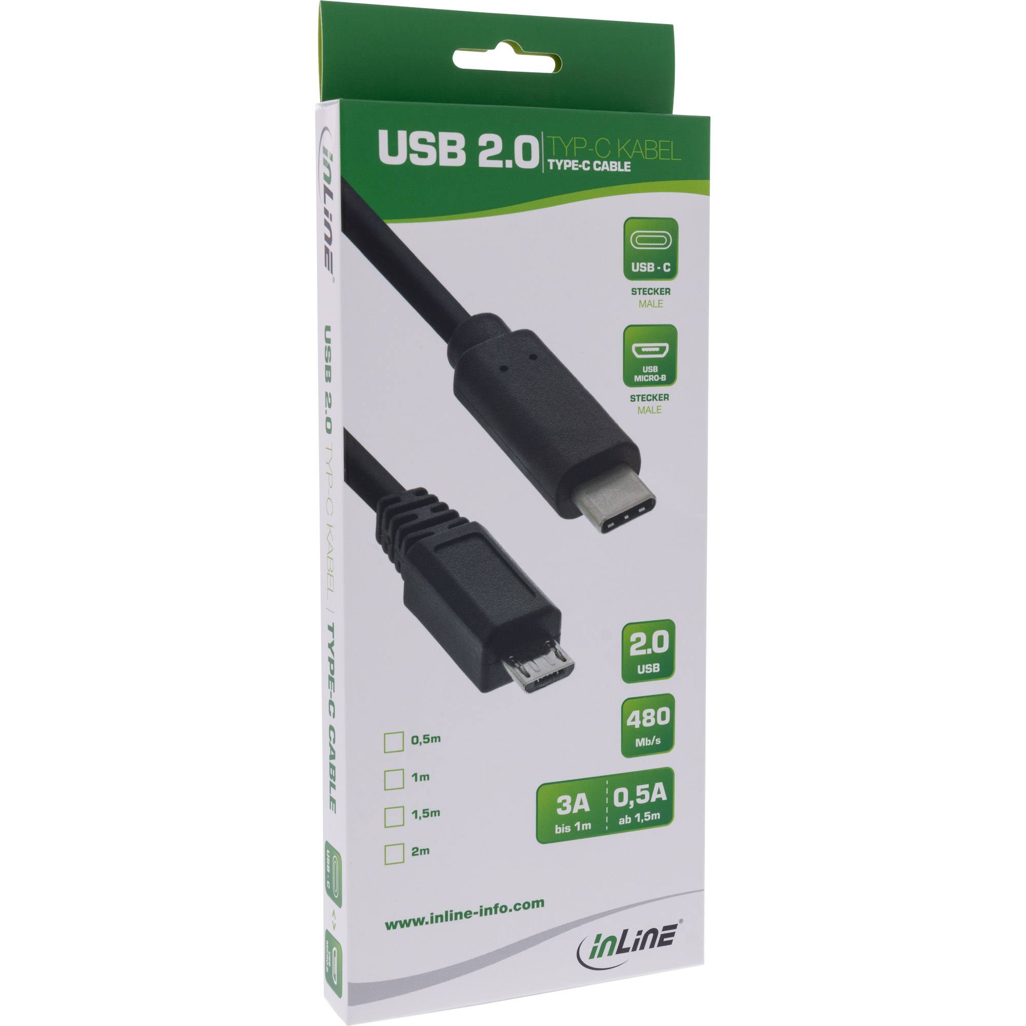 INLINE - USB 2.0 Kabel - USB-C Stecker an Micro-B Stecker - schwarz - 2m