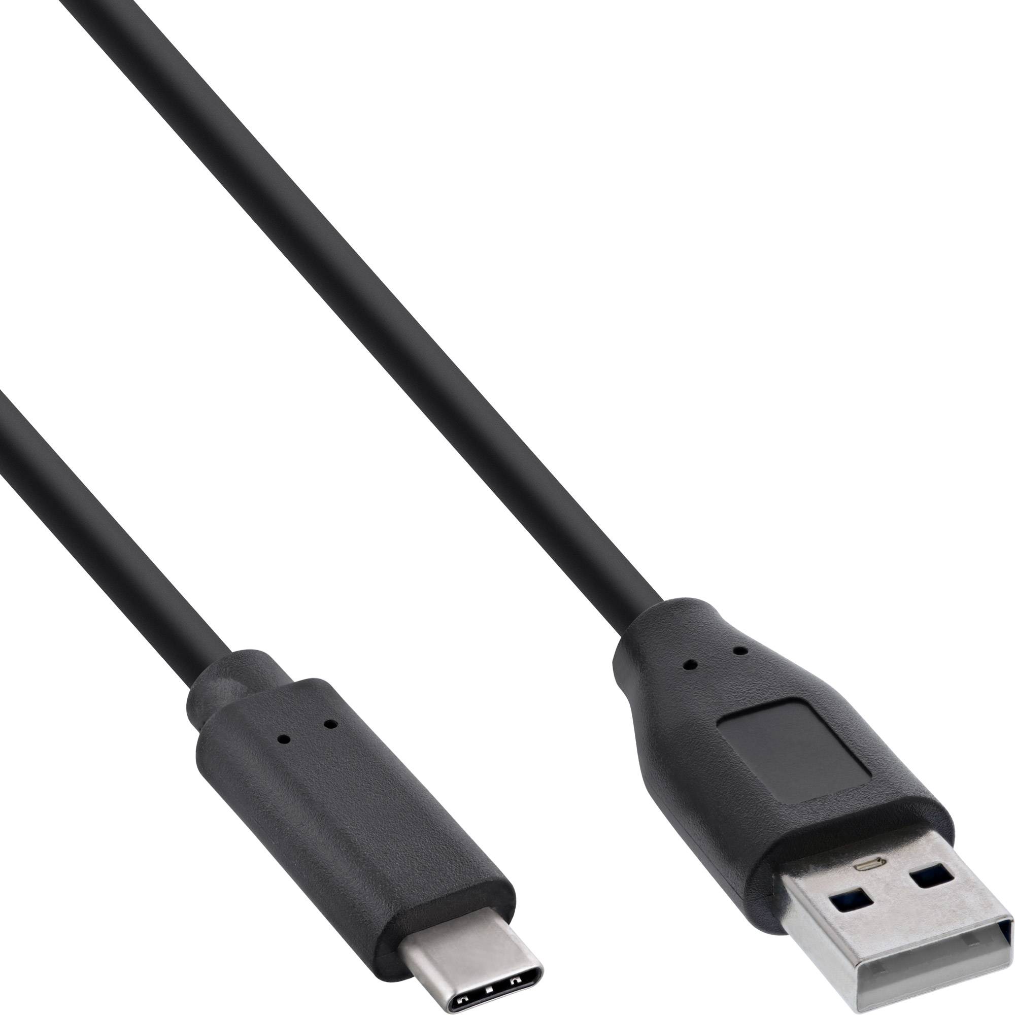 Schwarzes USB-C-auf-USB-A-Kabel mit gezeigten Steckerenden auf weißem Hintergrund.