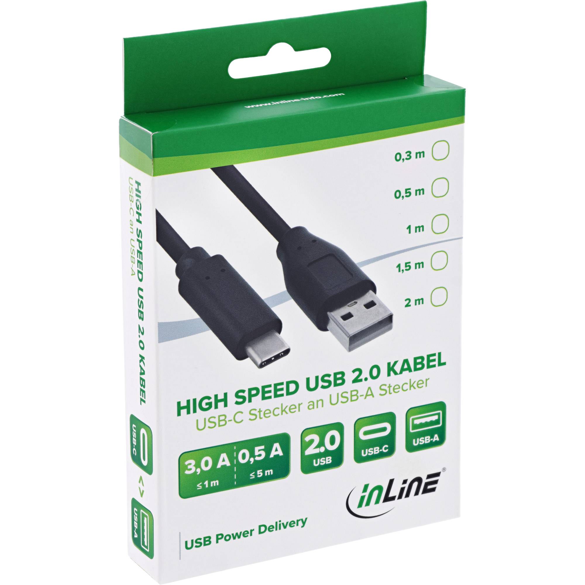 Produktbox für ein High-Speed USB 2.0-Kabel mit USB-C zu USB-A-Stecker und Längen von 0,3 m bis 2 m.