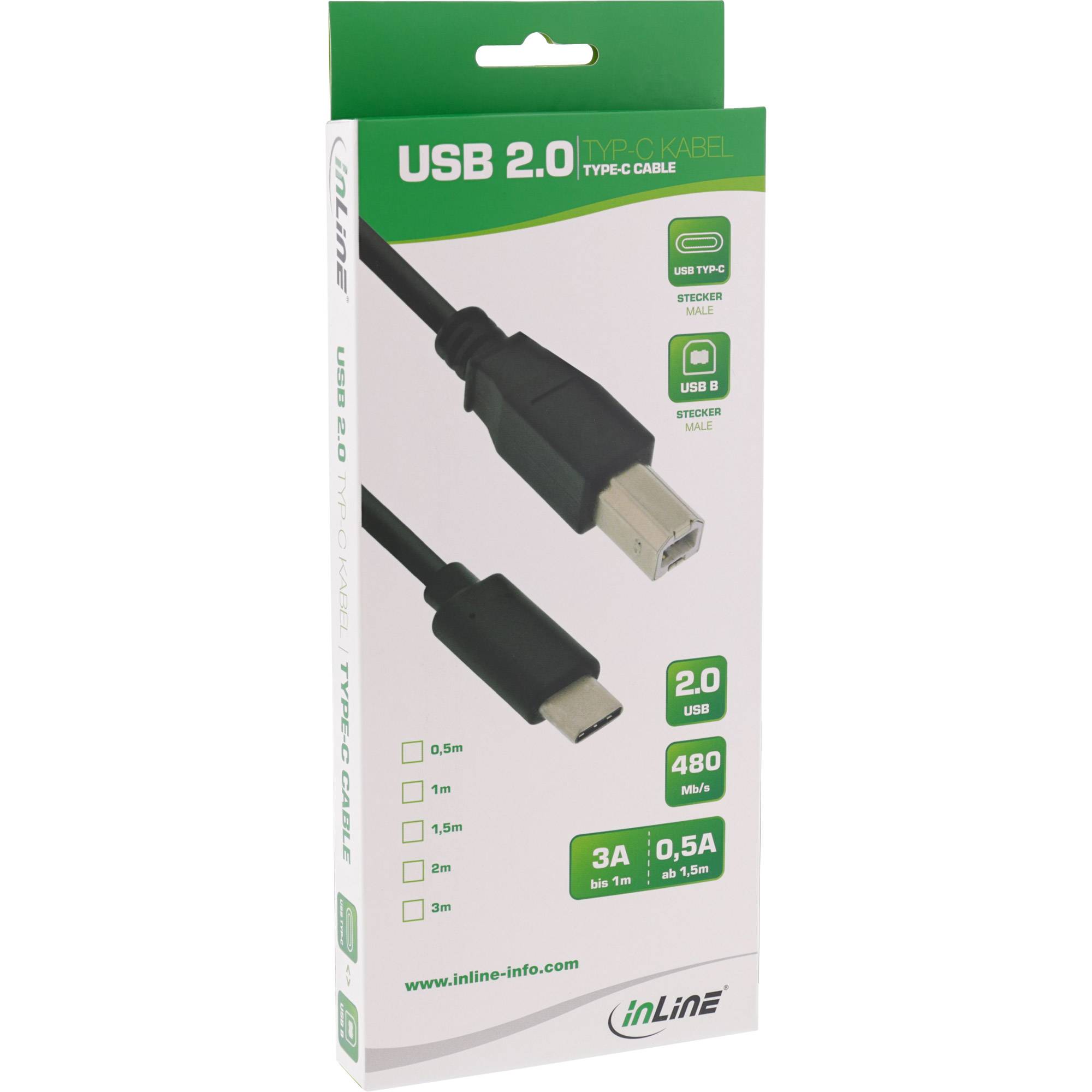 INLINE - USB 2.0 Kabel - USB-C Stecker an USB-B Stecker - schwarz - 5m