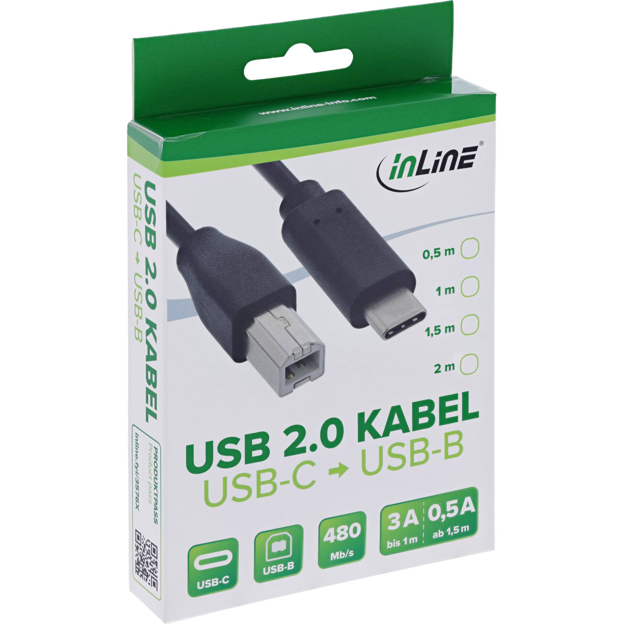Produktbox für ein InLine USB 2.0-Kabel mit USB-C- zu USB-B-Anschlüssen, 480 Mb/s, 3 A und verfügbaren Längen 0,5 m, 1 m, 1,5 m, 2 m.