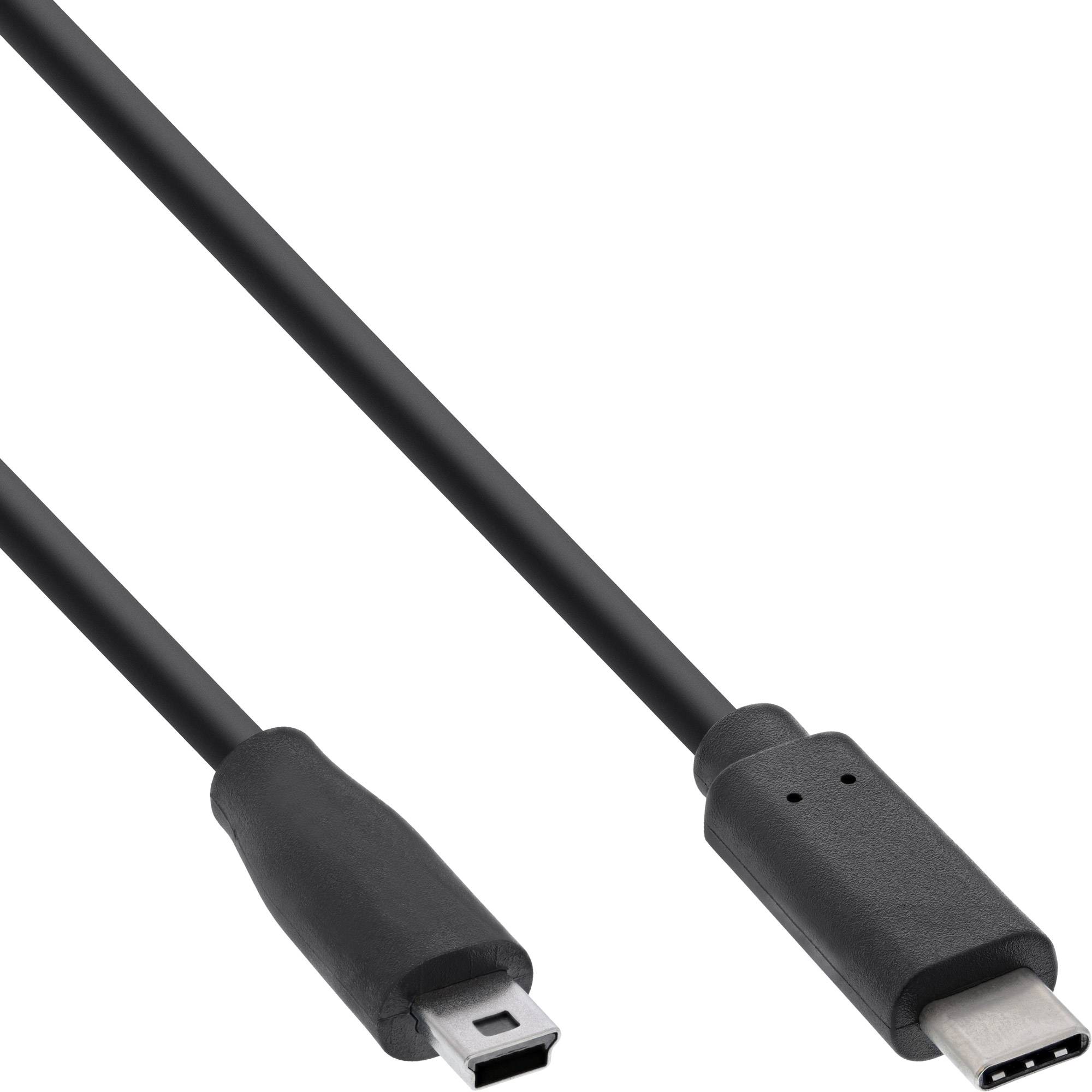 Schwarzes USB-C-Kabel mit geformten Steckern; ein Ende zeigt einen USB-C-Stecker, das andere einen Standard-USB-Stecker.
