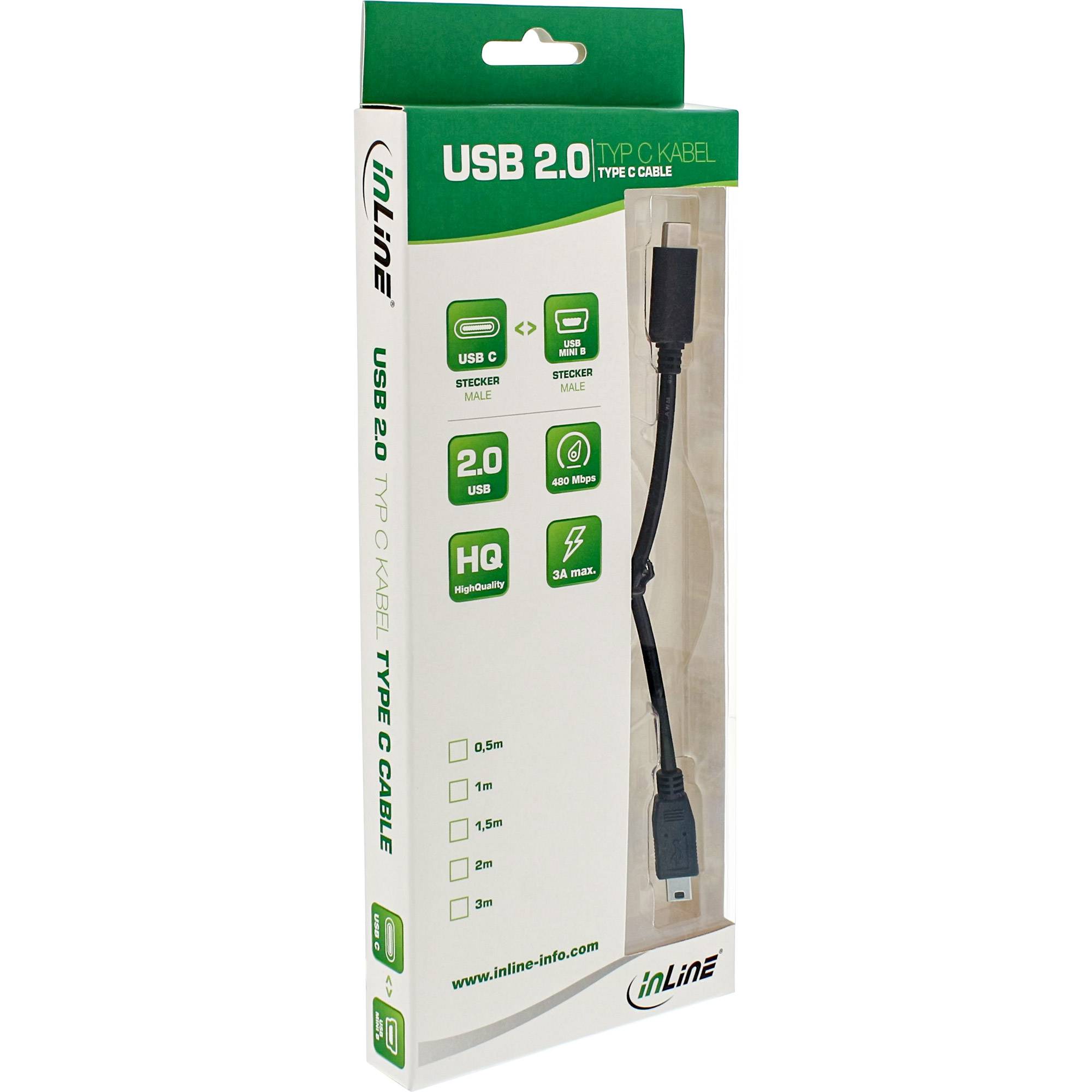 INLINE - USB 2.0 Kabel - USB-C Stecker an Mini-B Stecker - schwarz - 3m