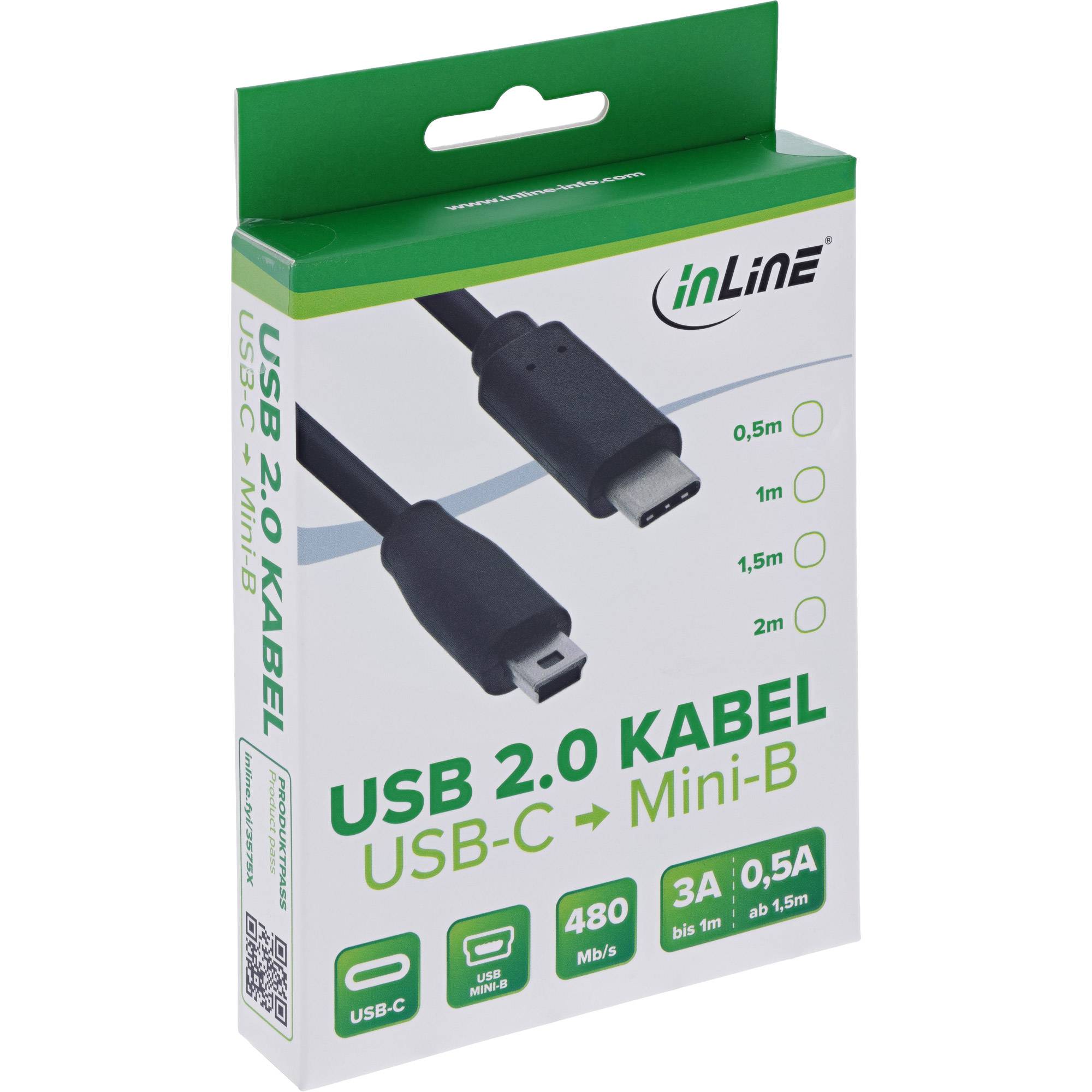 Kartonverpackung für ein Inline-USB-2.0-Kabel, USB-C zu Mini-B, zeigt Kabelenden und Längen von 0,5 m bis 2 m.
