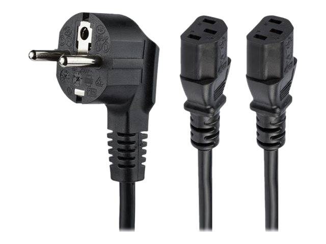 Schwarzes Stromkabel mit geerdetem europäischem Stecker auf einer Seite und zwei weiblichen IEC-Steckverbindern auf den anderen Enden.