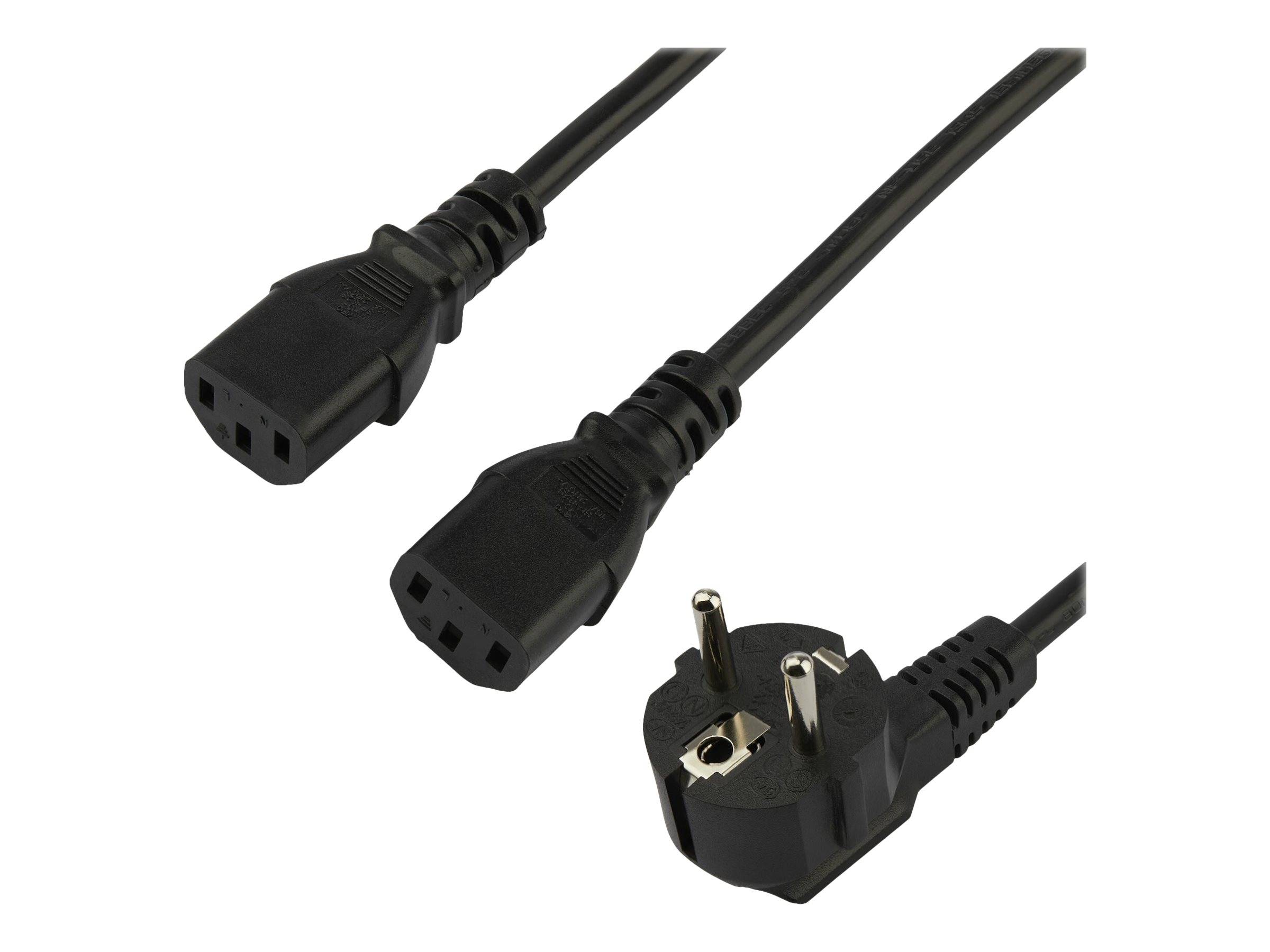 Drei schwarze Stromkabel mit IEC-Computer-Steckverbindern (weiblich) und europäischem dreipoligem Stecker, auf weißem Hintergrund dargestellt.