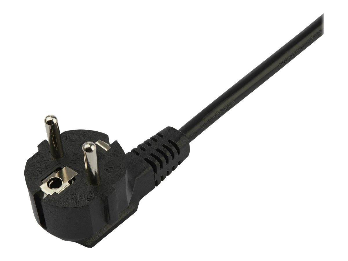 Schwarzer dreipoliger Stromstecker mit angeschlossenem Kabel auf weißem Hintergrund.