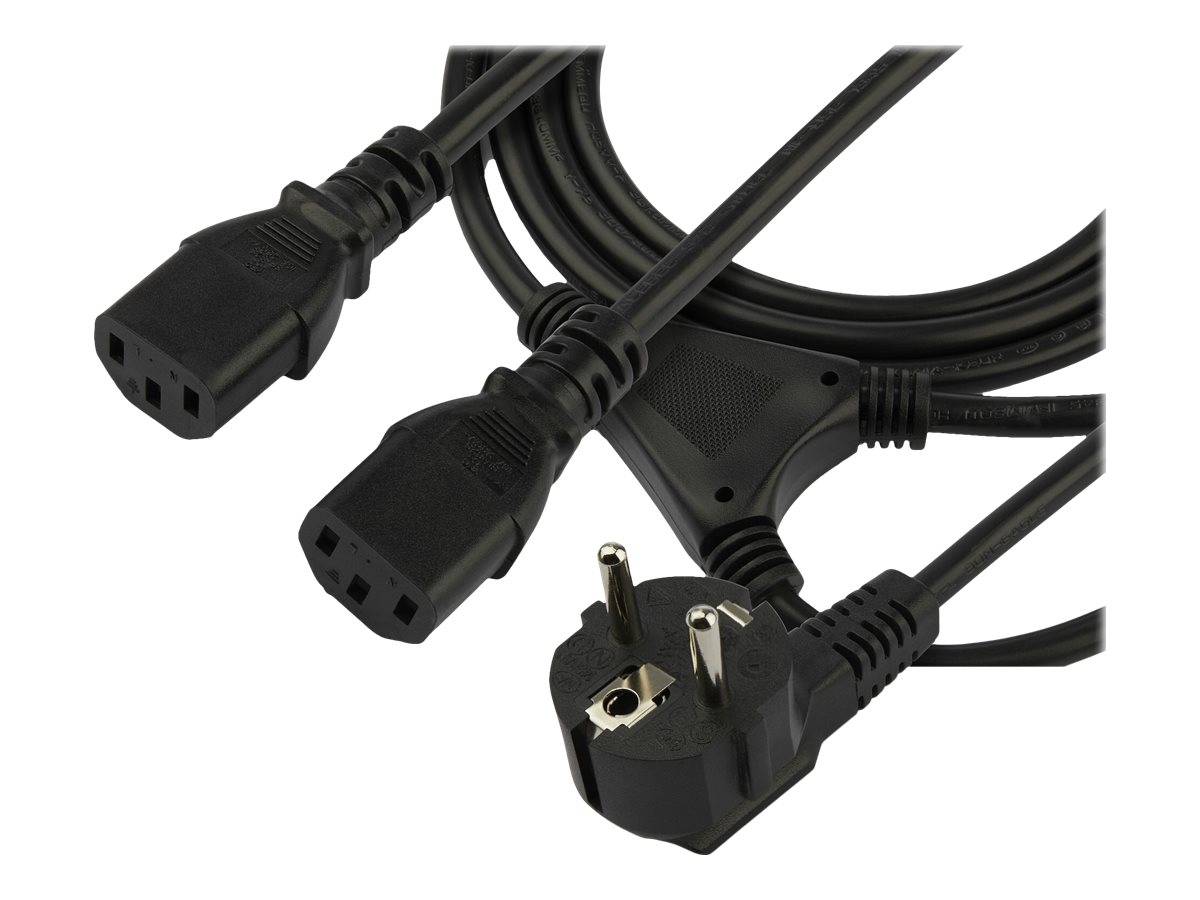 Schwarzes Stromkabel mit mehreren IEC-Steckverbindungen und europäischem dreipoligem Stecker auf weißem Hintergrund.
