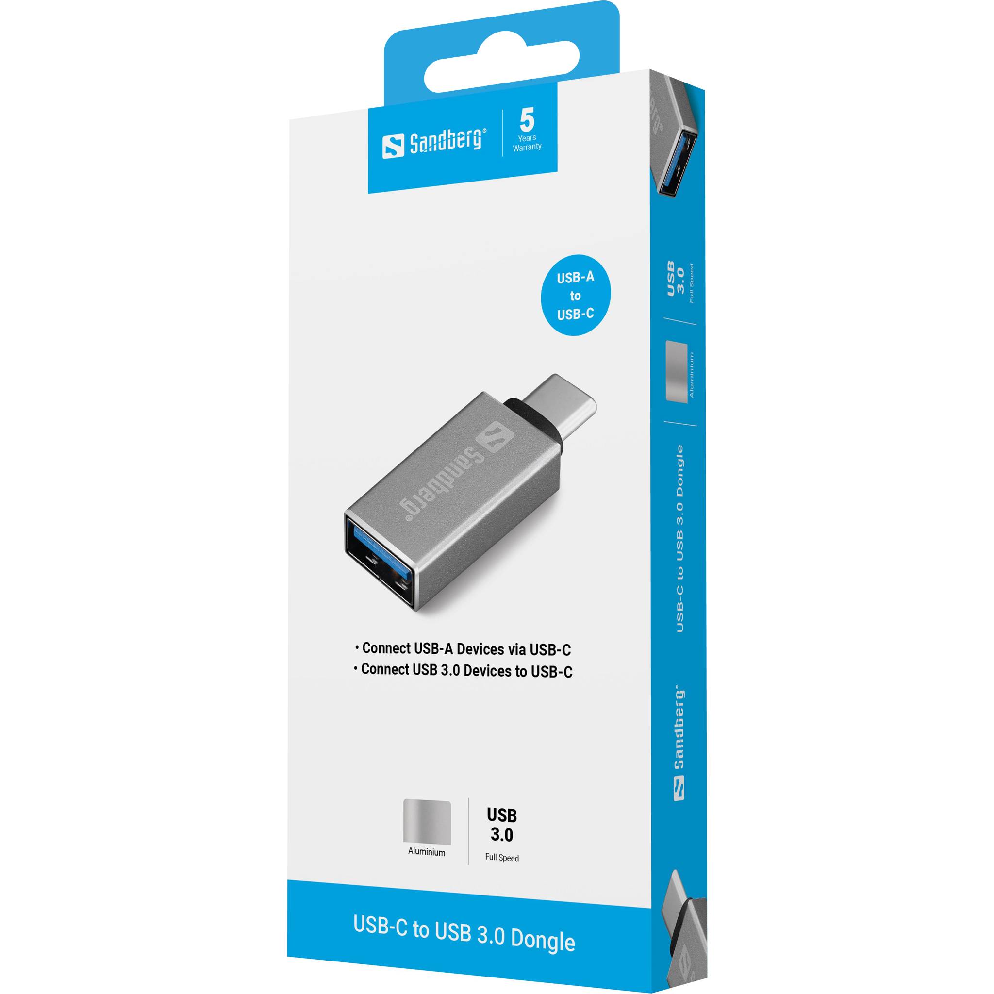 Sandberg USB-C zu USB 3.0 Adapter Einzelhandelsverpackung mit einem USB-A zu USB-C Adapter, mit Kompatibilitätshinweisen für USB-A und USB 3.0 Geräte.