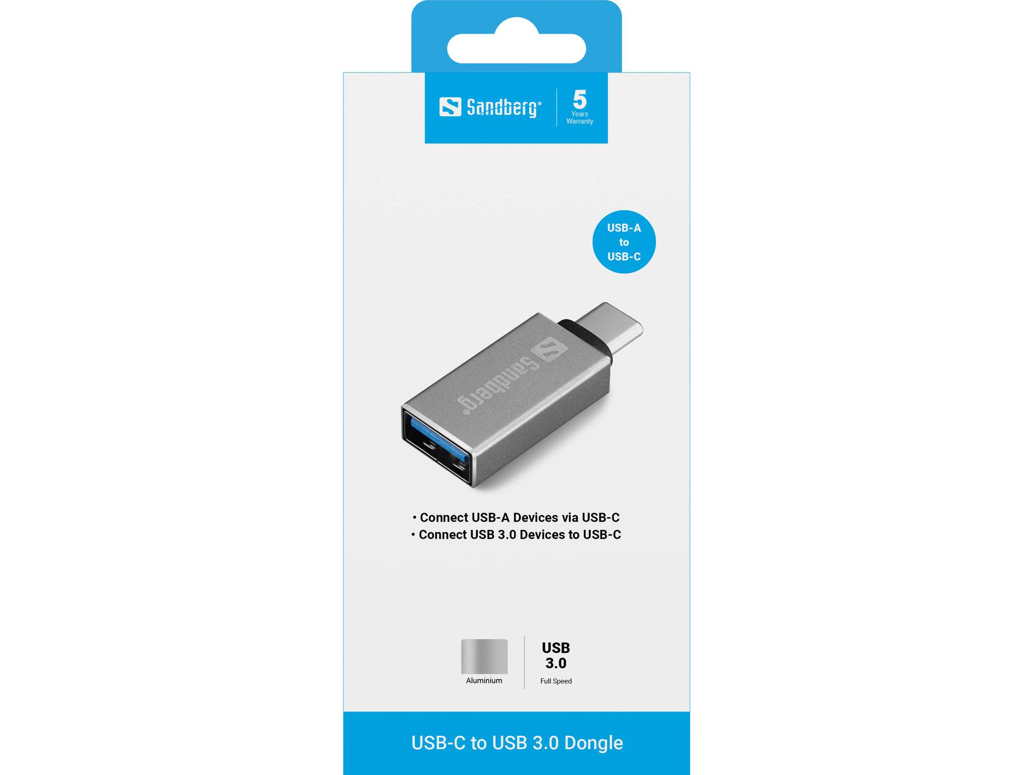 Produktverpackung für einen Sandberg USB-C zu USB 3.0-Dongle, auf dem der Adapter und Beschriftungen für USB-A zu USB-C und USB 3.0-Unterstützung zu sehen sind.
