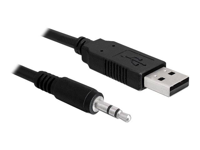 Schwarzes USB-zu-3,5-mm-Audioadapterkabel mit USB-A-Stecker und männlichem Kopfhörerstecker-Anschluss
