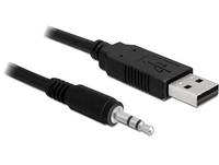 USB-Kabel mit einem 3,5-mm-Audiobuchsen-Anschluss auf weißem Hintergrund.