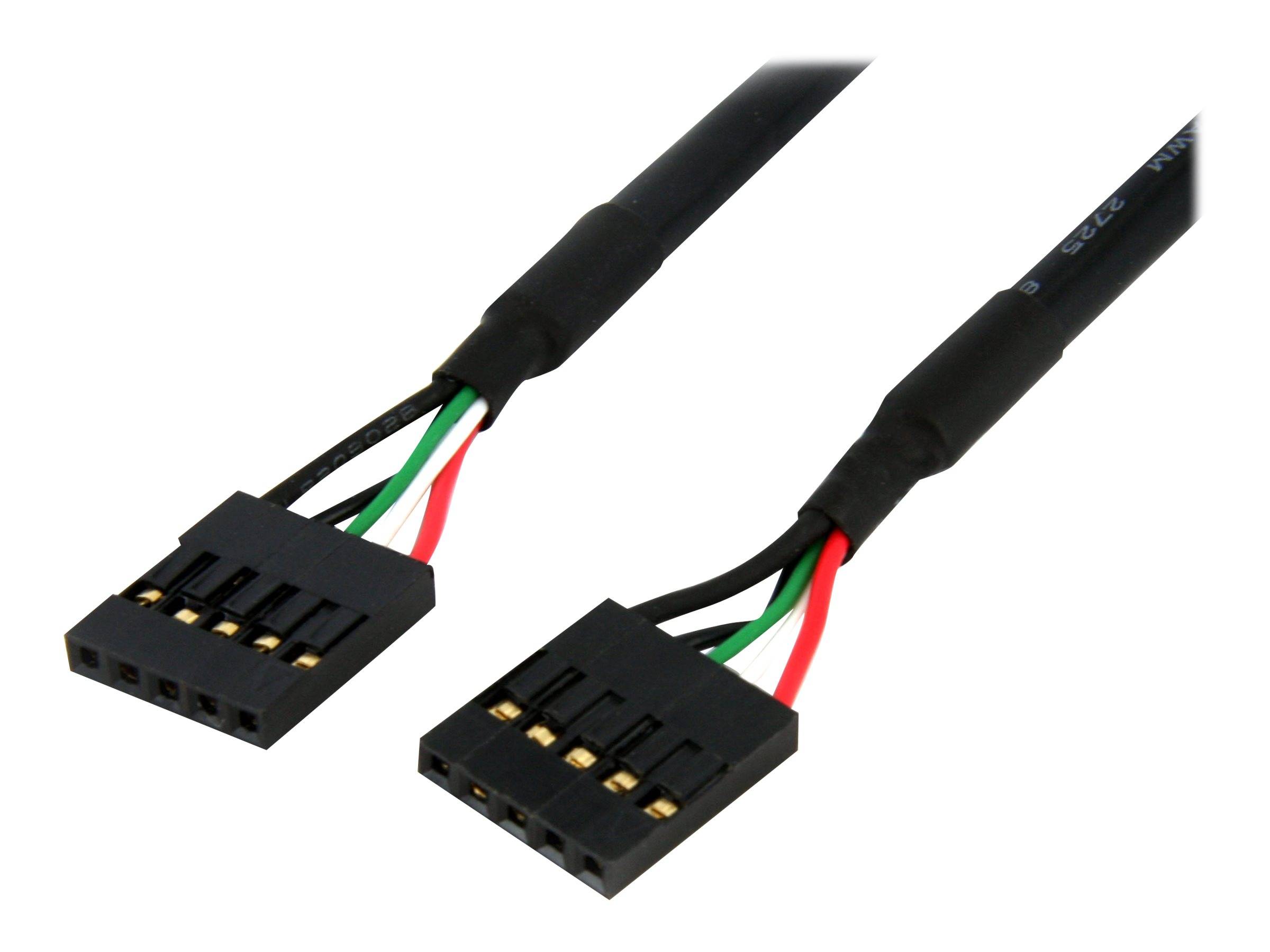 Zwei schwarze drahtgebundene Stecker mit freiliegenden roten, grünen und schwarzen Drähten auf weißem Hintergrund.