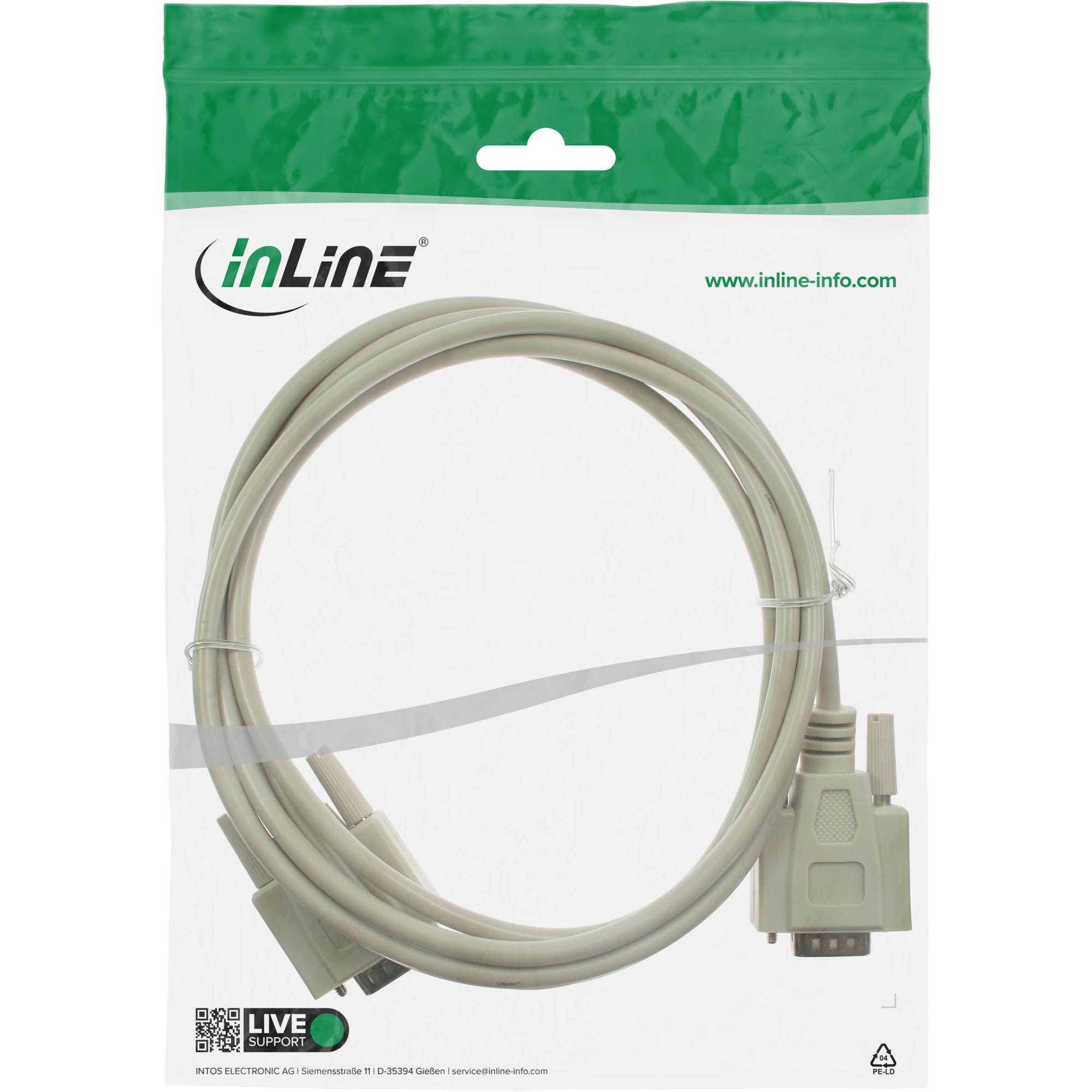 Verpacktes graues InLine-Kabel, das auf einer weiß-grünen Retail-Hängekarte aufgewickelt ist, mit sichtbarem Anschluss und Website-Text.
