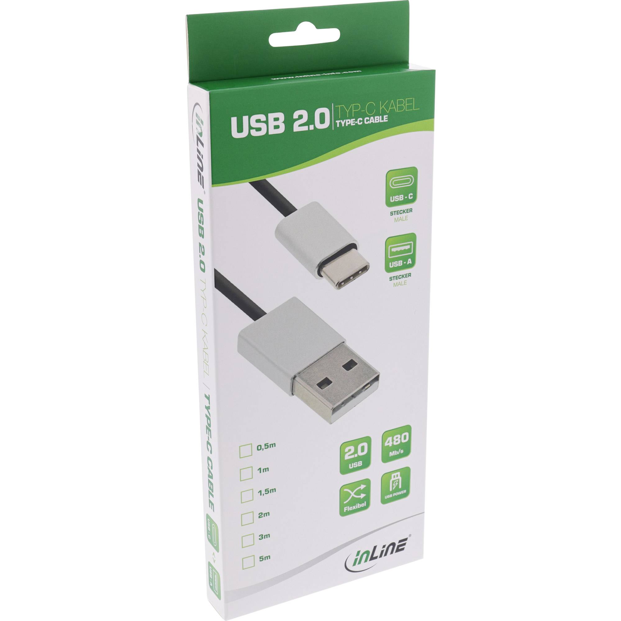INLINE - USB 2.0 Kabel - USB-C Stecker an A Stecker - schwarz/Alu - flexibel - 5m