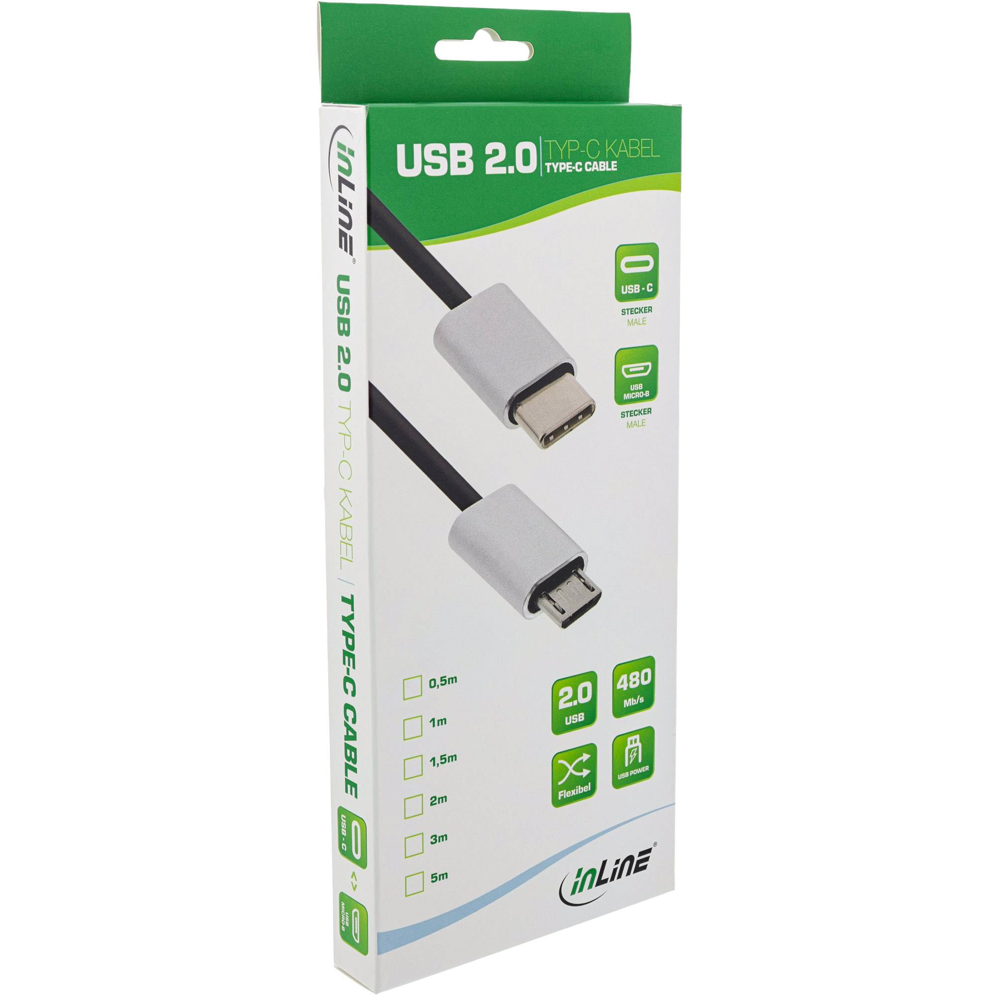 INLINE - USB 2.0 Kabel - USB-C ST an Micro-B ST - schwarz/Alu - flexibel - 0,5m