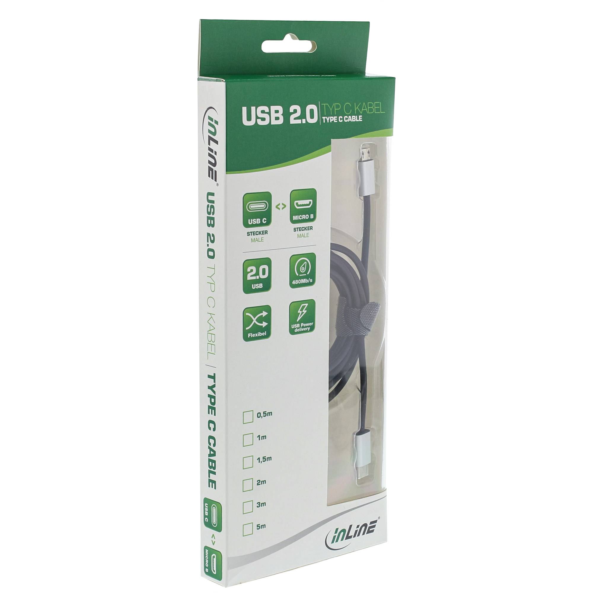 INLINE - USB 2.0 Kabel - USB-C ST an Micro-B ST - schwarz/Alu - flexibel - 0,5m