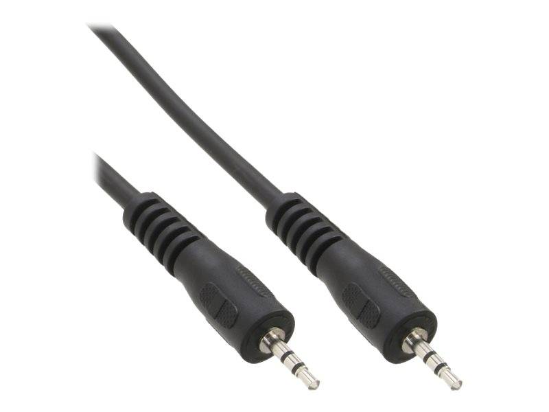 Zwei schwarze 3,5-mm-Audiokabel mit Steckern auf weißem Hintergrund.