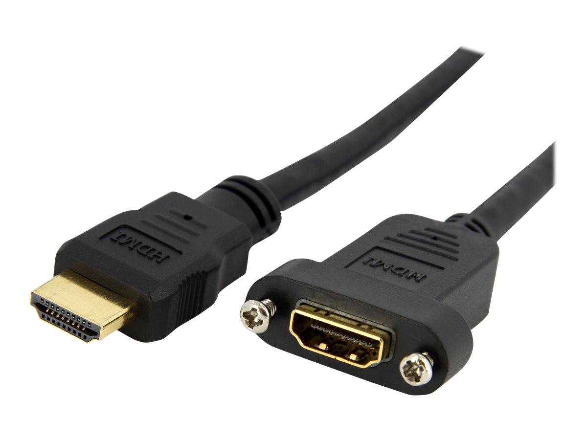 HDMI-Kabel mit einem Micro-HDMI-Stecker auf der einen Seite und einem Standard-HDMI-Buchsenverbinder zur Panelmontage auf der anderen Seite.