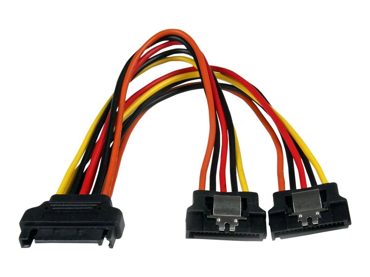 Stromkabel-Splitter für Computer mit einem schwarzen Stecker auf der linken Seite und zwei schwarzen Steckern auf der rechten Seite, verbunden durch rote, gelbe und schwarze Drähte.