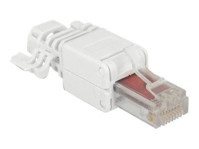 Weißer Ethernet-Kabelstecker (RJ45-Stecker) mit transparentem Kunststoffende und Verriegelungsclip