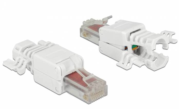 Zwei weiße Ethernet-Kabel-Zugentlastungsstiefel auf transparenten RJ45-Steckern, von zwei Blickwinkeln auf weißem Hintergrund gezeigt.