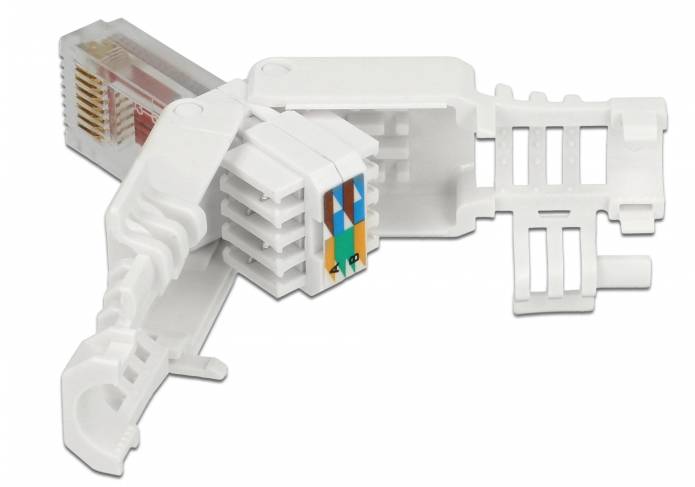 Weißer Ethernet-RJ45-Anschlagklinken-Keystone-Jack mit Kabelabschlussschlitzen und Cliphalterungen, dargestellt auf weißem Hintergrund.