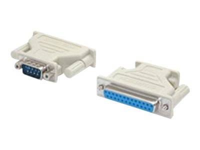 Zwei weiße serielle Adapter-Stecker, einer DB9-Stecker und einer DB25-Buchse, auf weißem Hintergrund dargestellt.