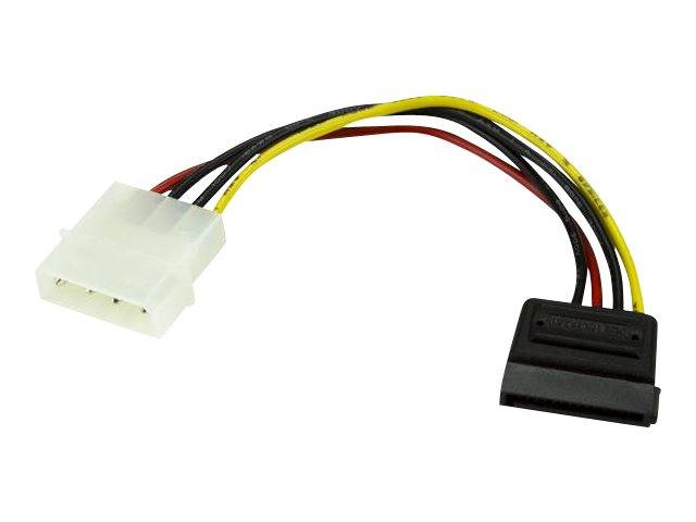 Computernetzteilverlängerungskabel mit einem weißen 4-poligen Stecker an einem Ende und einem schwarzen SATA-ähnlichen Stromstecker am anderen Ende.