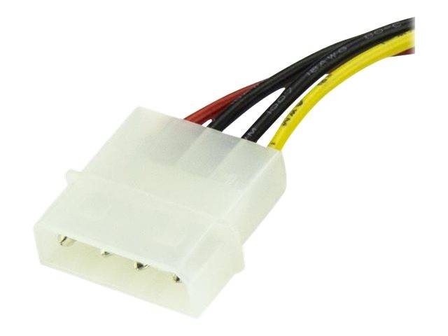 Ein weißer 4-poliger Stromstecker für Computer mit vier farbigen Drähten, die von der Rückseite ausgehen.