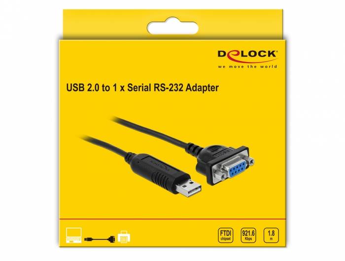 Delock USB 2.0 zu 1x Seriell RS-232 Adapter-Verpackung, zeigt einen USB-Stecker zu DB9-Seriellstecker auf einer gelben Box.