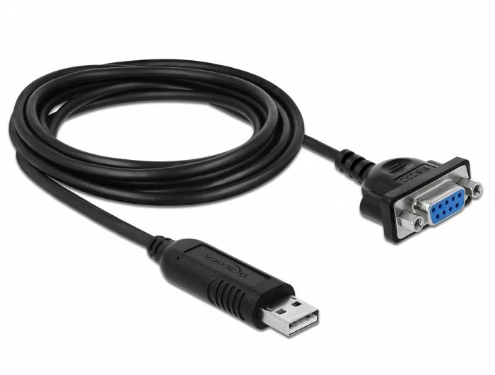 USB-zu-DB9-Serielladapter-Kabel aufgerollt auf weißem Hintergrund.