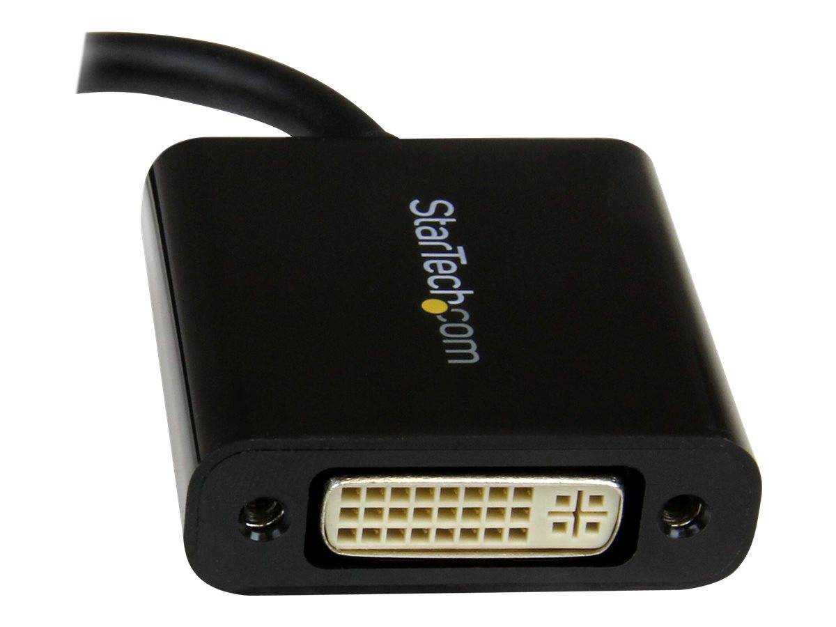 StarTech.com DVI-Adapter mit angeschlossenem Kabel und weiblichem DVI-Anschluss auf einem schwarzen Steckgehäuse.