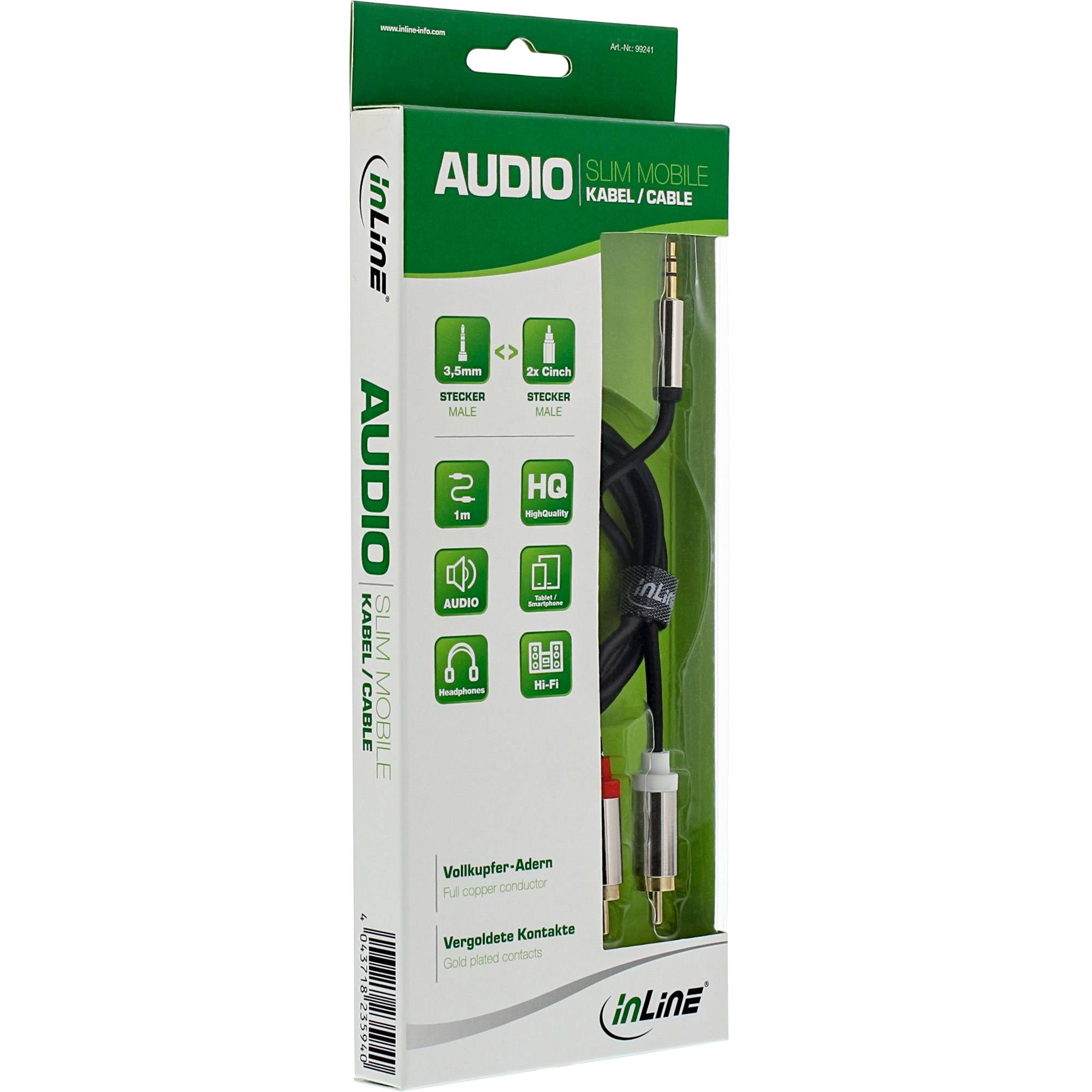 INLINE - Slim Audio Kabel Klinke 3,5mm Stecker an 2x Cinch Stecker - 1m