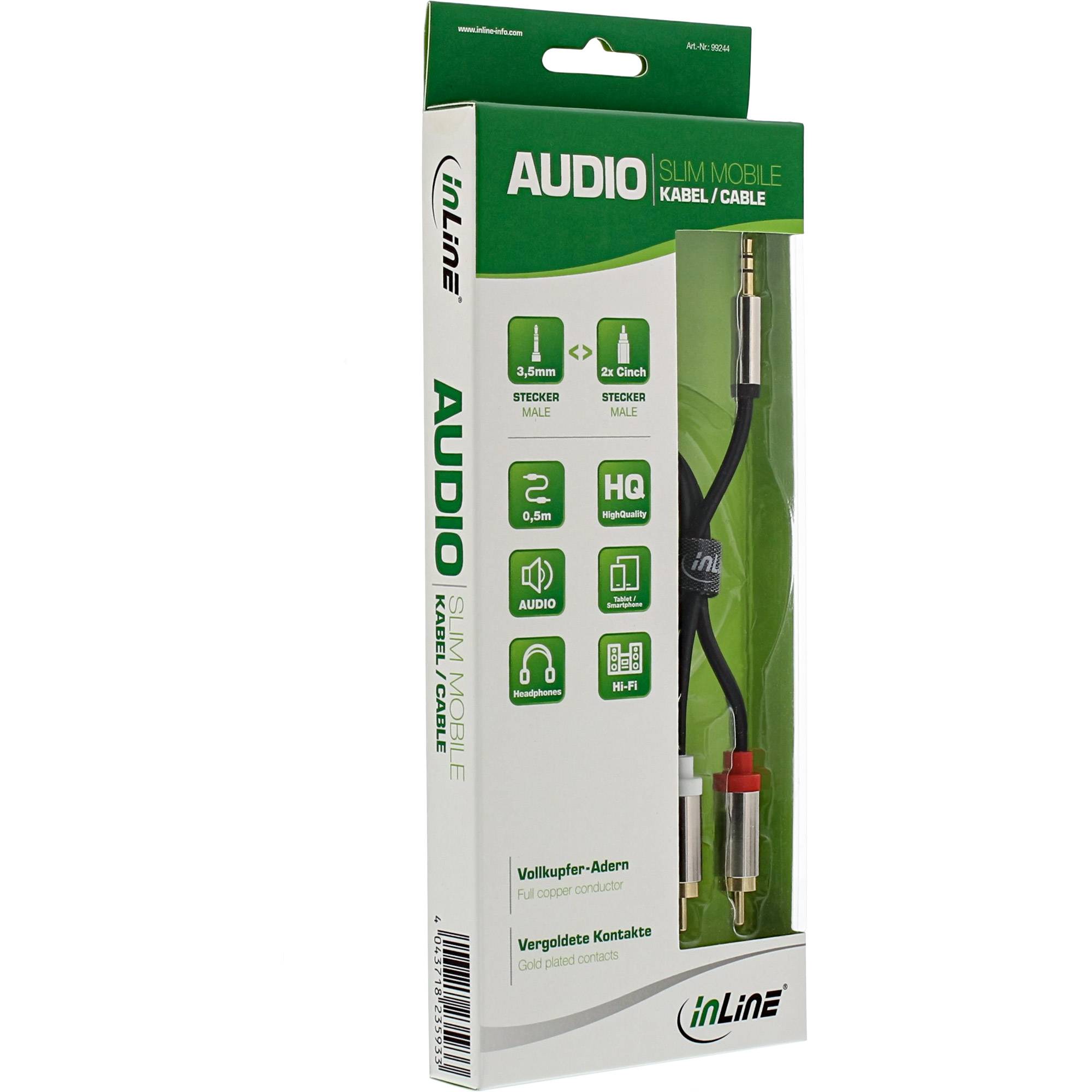 INLINE - Slim Audio Kabel Klinke 3,5mm Stecker an 2x Cinch Stecker - 0,5m