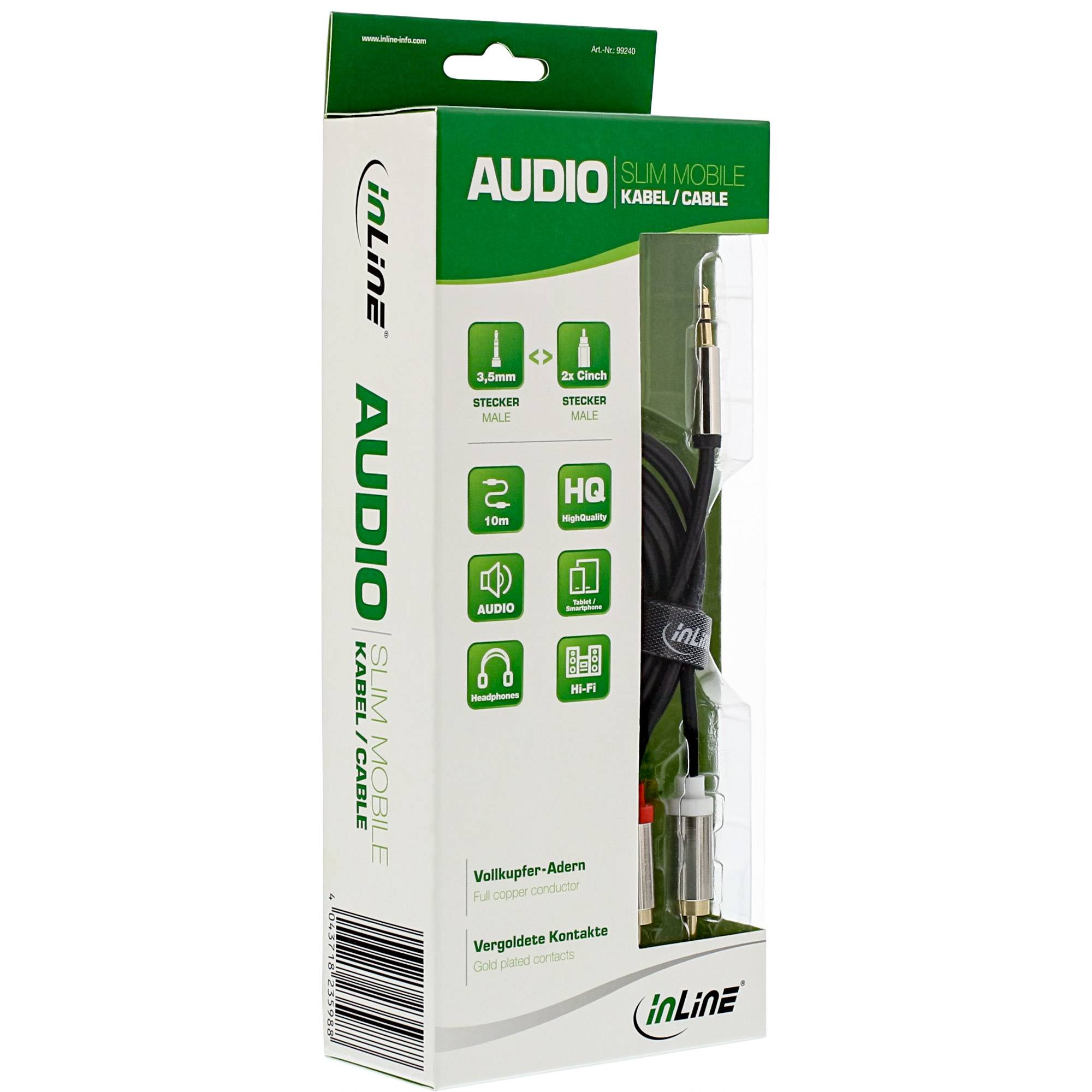 INLINE - Slim Audio Kabel Klinke 3,5mm Stecker an 2x Cinch Stecker - 10m