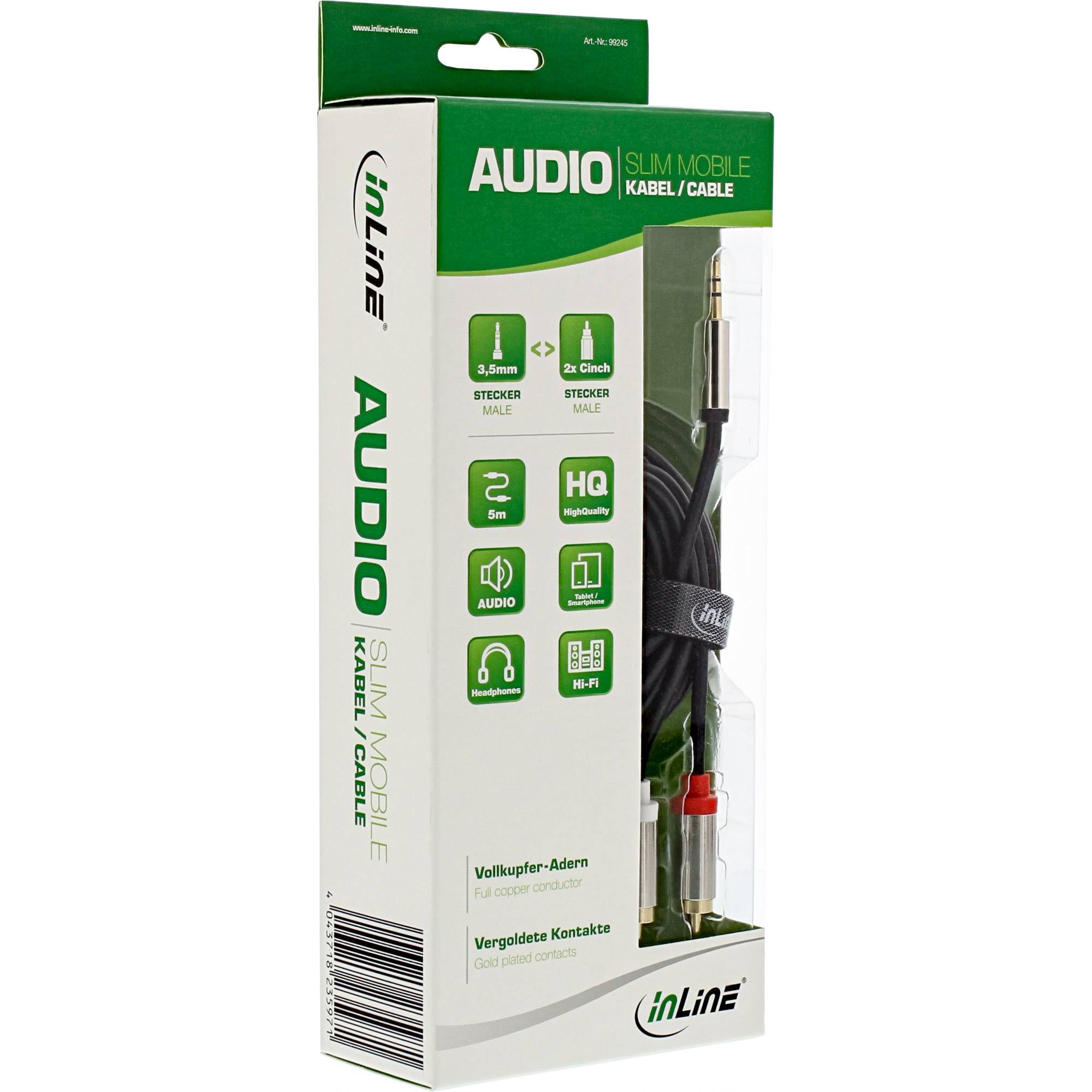 INLINE - Slim Audio Kabel Klinke 3,5mm Stecker an 2x Cinch Stecker - 5m